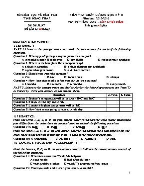 Đề đề xuất kiểm tra chất lượng học kỳ II môn Tiếng Anh Lớp 6 (Thí điểm) - Năm học 2015-2016 - Sở GD & ĐT Đồng Tháp (Có đáp án)